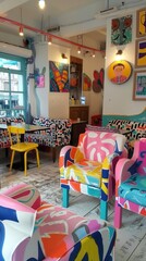 Vibrantly Decorated Cafe Interior with Colorful Furniture and Art