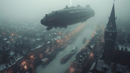   A large boat floats above a city, nestled atop a river, near a towering building on a foggy day - obrazy, fototapety, plakaty