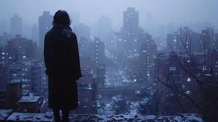   Person atop building gazes out at distant cityscape, foggy sky shrouding upper reaches
