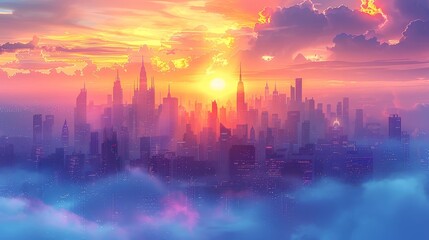   A city floating in the sky, surrounded by clouds in the foreground, and the sun descending in the background