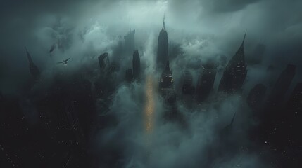   A mid-sized city shrouded in fog, a bird in flight overhead - obrazy, fototapety, plakaty