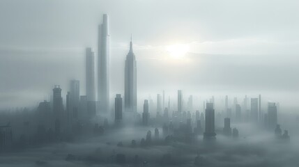   A fog-shrouded cityscape featuring foreground skyscrapers and a radiant sun at its zenith