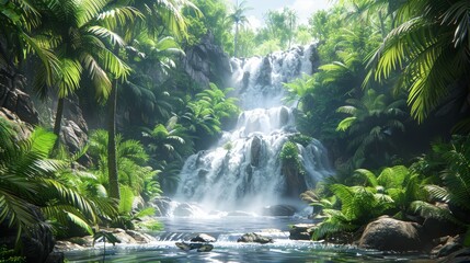   A waterfall painted in a jungle's heart, teeming with numerous trees and boulders in the foreground