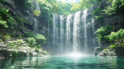   A large body of water encircled by lush green trees, harbors a waterfall in its midst Additionally, a smaller waterfall emerges within this expansive body