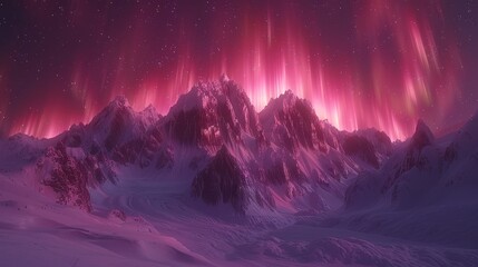   A mountain, cloaked in snow, lies beneath a violet sky Above it, the aurora dances in shades of pink and red