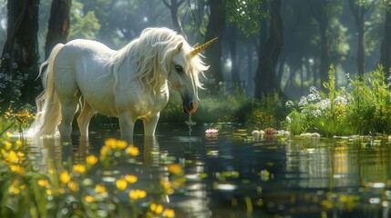   A unicorn, white and statuesque, stands in the midst of a tranquil water body Flanking it are yellow flowers in the foreground, while trees frame the