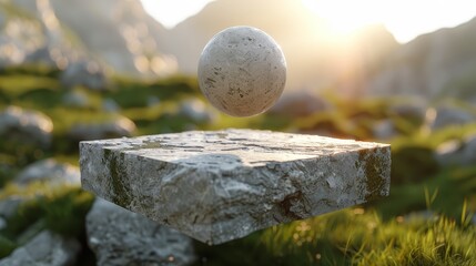   A tight shot of a stone block supporting a ball at its peak in a verdant clearing