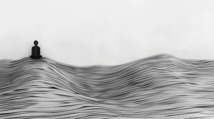   A monochrome image of a man atop a towering wave within a expanses of water - obrazy, fototapety, plakaty