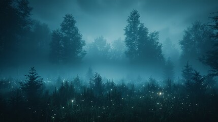  A foggy forest teeming with numerous trees, an unexpected fire hydrant stands in the forest's heart under the cover of night