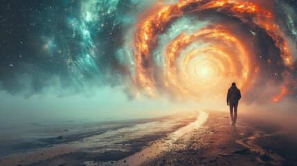  A man stands in the road gazing at a spiral of fire and stars above