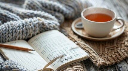 Cozy Afternoon: Tea Time with a Good Book and Knitted Sweater on a Wooden Table