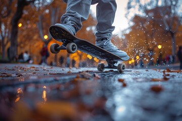 Skateboarder performing tricks on busy city street