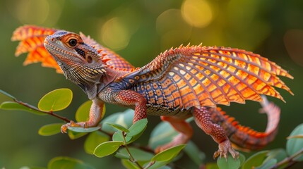   A tight shot of a lizard perched on a tree branch, surrounded by leafy foreground with a softly blurred background