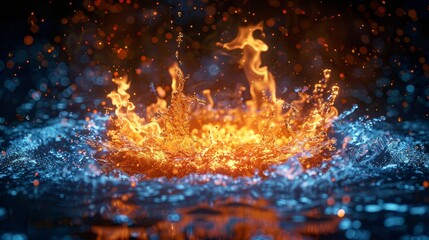   A tight shot of a fire igniting the center of a water body, where orange and blue flames surge up