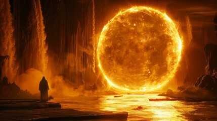   A man stands before a colossal sun hovering over a water body, encircled by lava - obrazy, fototapety, plakaty