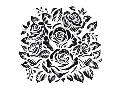 Retro old school roses for chicano tattoo outline. Monochrome line art, ink tattoo. Black and white illustration of a detailed rose bouquet, perfect for elegant designs