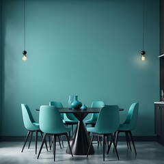 Meeting area or diningroom with large black round table and teal cyan chairs. Empty wall turquoise azure paint color accent. Dinning modern kitchen interior home 