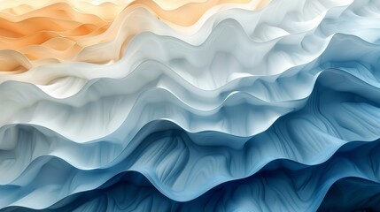   A tight shot of a wave pattern in shades of blue, orange, yellow, white, and grey against a pristine white background - obrazy, fototapety, plakaty