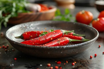 Bowl of red peppers on table