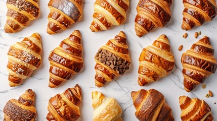 Assorted Freshly Baked Croissants on a Marble Surface - Gourmet Breakfast Pastries