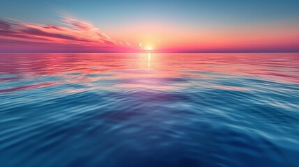   A tranquil body of water with a sunset at its heart and a solitary boat adrift in the center - obrazy, fototapety, plakaty