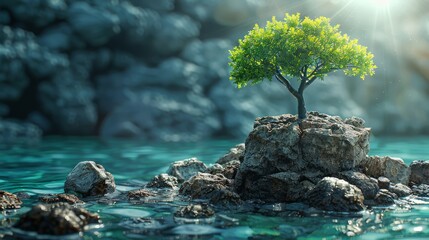   A small tree perched atop a rock, centrally situated in a body of water, surrounded by submerged and exposed rocks