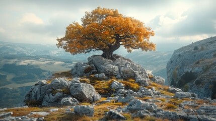   A solitary tree atop a rocky hill overlooks a valley and distant mountains - obrazy, fototapety, plakaty
