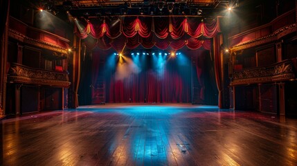 Atmospheric Empty Theater Stage with Dramatic Lighting and Velvet Curtains - obrazy, fototapety, plakaty