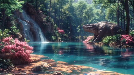   A large dinosaur in the middle of a tranquil body of water Behind it, a majestic waterfall cascades down rugged cliffs Pink flowers bloom vibr - obrazy, fototapety, plakaty