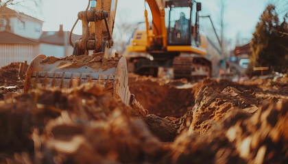 Yellow excavator working by digging a hole in the soil, dirty work. - obrazy, fototapety, plakaty