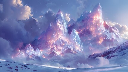   A painting of a mountain range with clouds in the sky and stars above