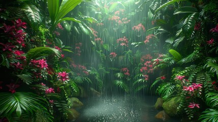   A waterfall painted amidst a dense jungle, teeming with numerous plants and blooming flowers on both sides