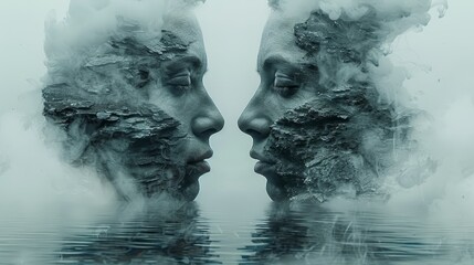   A double exposure of two faces overlapping, smoke rising from between, and a tranquil body of water in the foreground