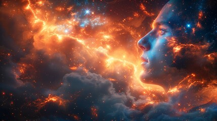   A tight shot of a face against an orange and blue sky backdrop, adorned with clouds and stars