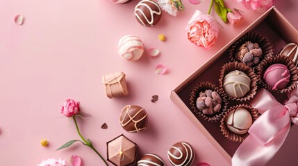 Fototapeta na wymiar Chocolate truffle candies in a box pink background.
