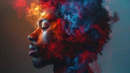   A tight shot of a person's face engulfed in smoke, with plumes rising from both mouth and head - obrazy, fototapety, plakaty