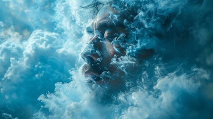   A tight shot of a face with smoke ascending from above and emerging below - obrazy, fototapety, plakaty