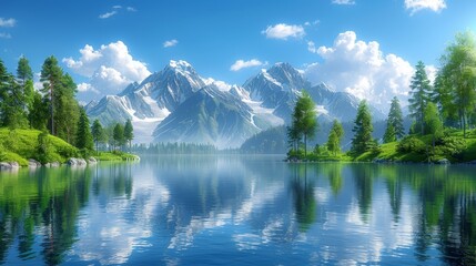   A painting of a mountain range with a foreground lake and trees, background clouds - obrazy, fototapety, plakaty