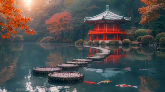   A red building with a pagoda backs a row of stepping stones overhanging a body of water