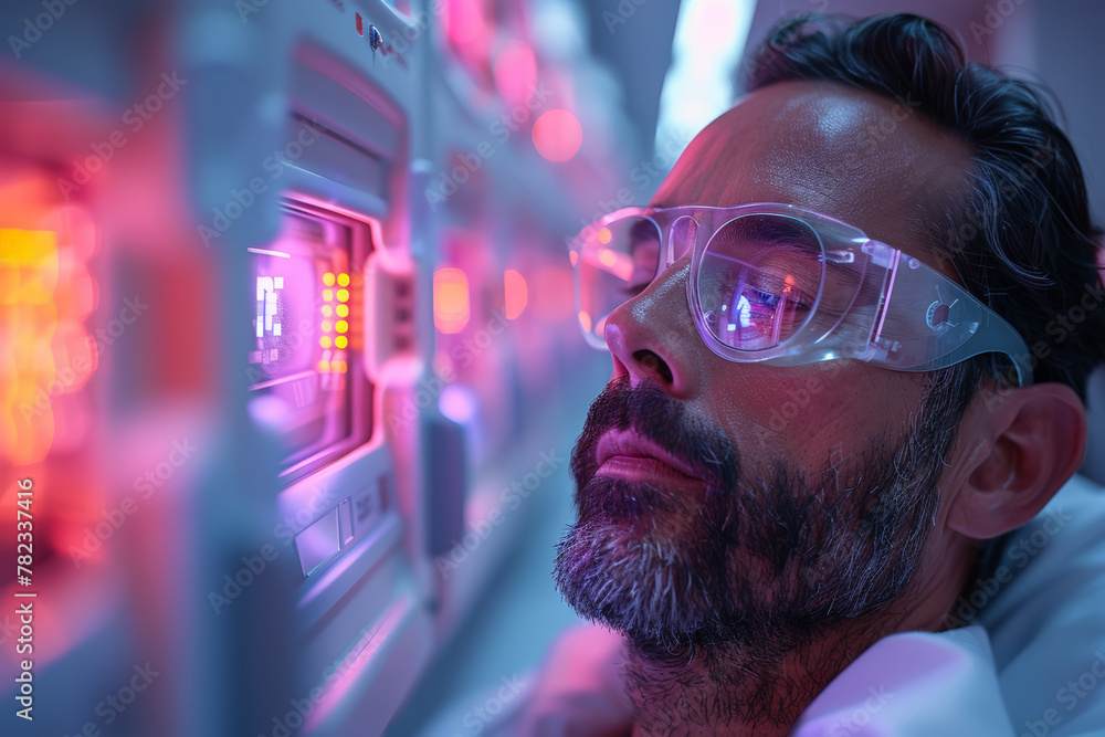 Poster man in safety goggles examining light switch
