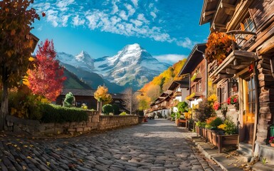 Fototapeta na wymiar House in Switzerland in autumn, ocher field and white house in the middle of the road,