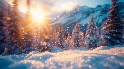   In the backdrop, the sun gleams brightly A snowy landscape unfolds in the foreground with evergreens and snow-capped mountains