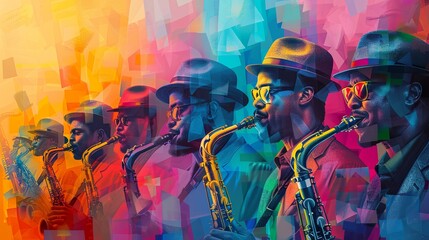 Vibrant Saxophone Players in Abstract Art - Diverse Male Musicians in Hats
