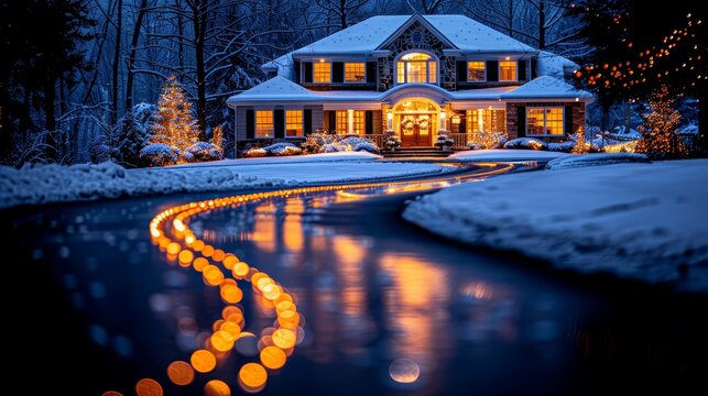   A house is adorned with Christmas lights, and a flowing stream runs through its front yard