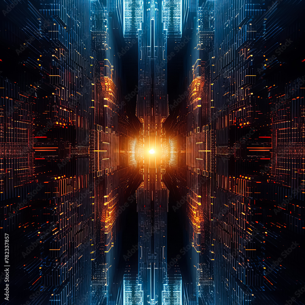 Poster a computer generated image of a cityscape with a bright yellow light in the center. the image is ful
