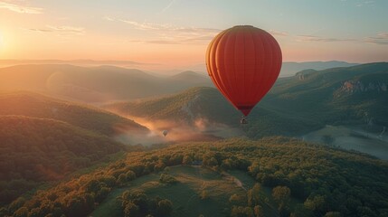   A hot air balloon floats above a verdant valley, surrounded by trees on either side