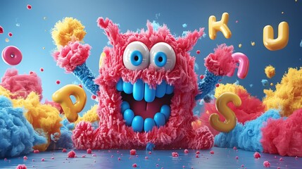   A pink and blue monster with large eyes is surrounded by colorful clouds Letters forming the word KU are spelled out above