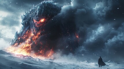   A man faces a colossal monster against a backdrop of a snow-covered mountain and an overcast sky