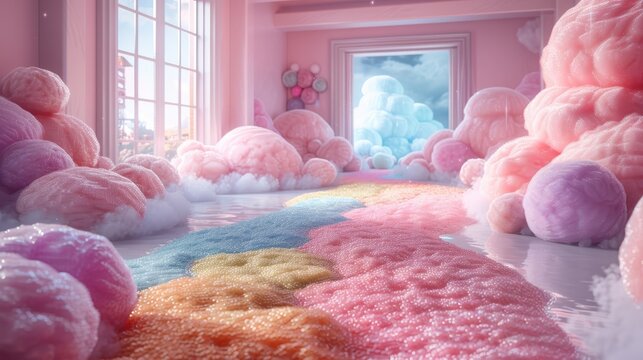   A room teeming with pink, blue, and yellow yarn balls on the floor and suspended from the ceiling