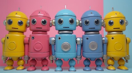   A collection of toy robots aligned on a blue-pink surface, beside a pink wall in the background